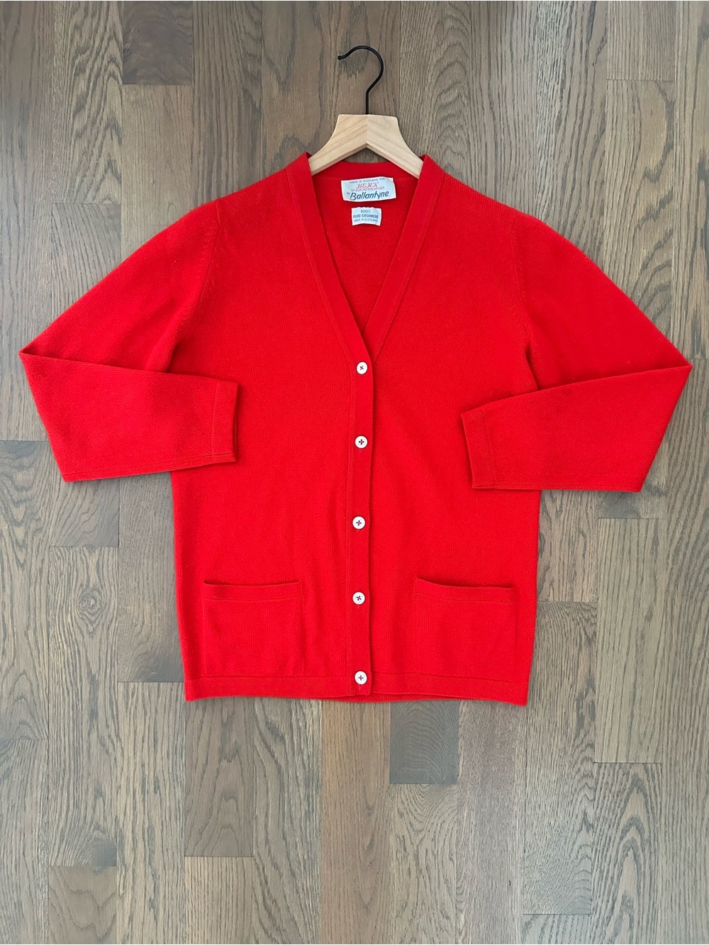 Vintage Ballantyne V-Neck 100% Cashmere Cardigan Sweater in Cherry Red Small